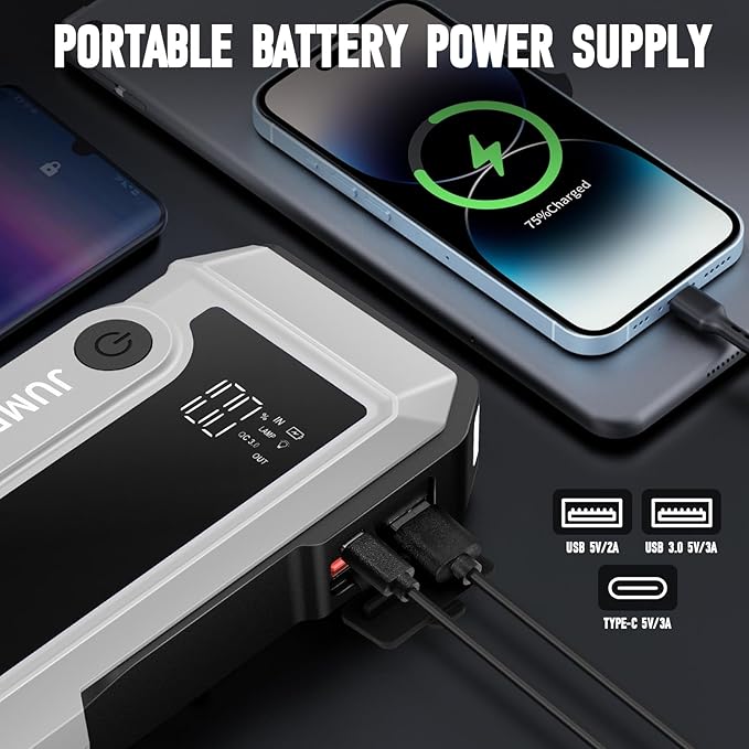 Car Battery Jump Starter 4000A Peak, Portable Battery Jumper Starter Up to 8.0L Gas & 6.0L Diesel Engines, 12V Car Jumper Battery Pack Charger with Flashlight