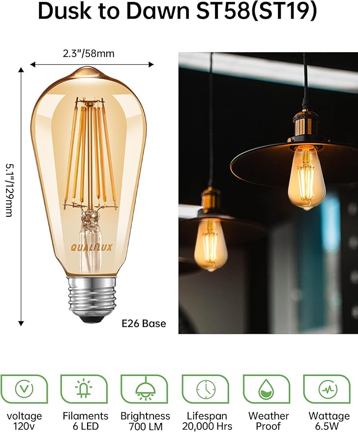 Dusk to Dawn Edison Light Bulbs ST58(ST19), Vintage Amber Glass, 2300K Warm Light, 6.5W=60W, Auto On/Off Light Sensing LED Filament Bulb Outdoor, 700LM, Non-Dimmable, E26, 2-Pack, HQ-H027