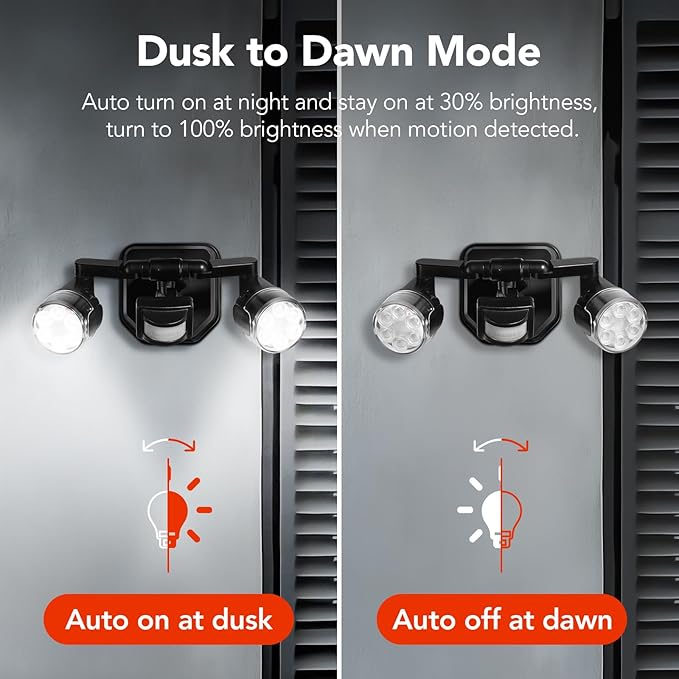 OREiN 450° Adjustable Outdoor Security Light with 3 Joints Each Arm, 2500LM 180°/40FT Motion Sensor Outdoor Lights, Dusk to Dawn Flood Light IP65 Waterproof for Garage/Garden/Door, Black (Hardwired)