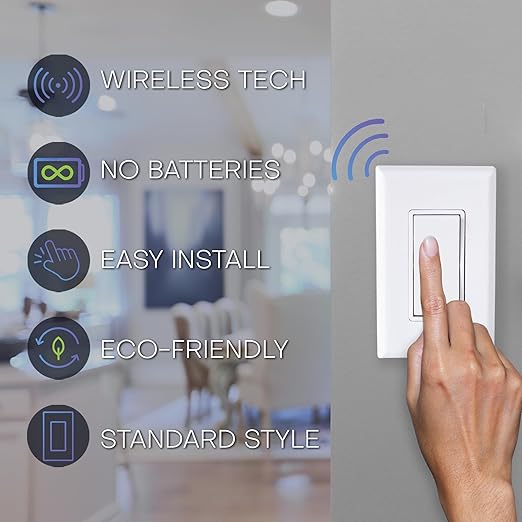 RunLessWire Single Pole Battery-Free DIY Wireless Light Switch Kit 150ft RF Range Self-Powered by Kinetic Energy for Fixtures & Outlets : 1 Remote Switch Controls 1 5A On/Off Receiver – Ivory