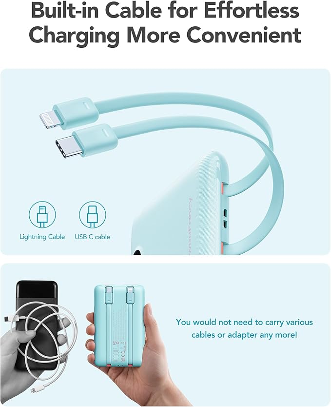 Mini Portable Charger with Built-in Cables 22.5W Fast Charging Power Bank USB-C Small Battery Pack 10000mAh Travel Essential Slim Battery for iPhone 16/15/14, Samsung 25/24, and More