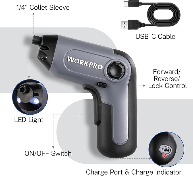 WORKPRO Electric Cordless Screwdriver with Offset Driving Shaft, 3.6V Automatic Rechargeable Screw Driver with 22PCS Bits, Battery Powered Automatic Screw Gun with LED Light & Carrying Case