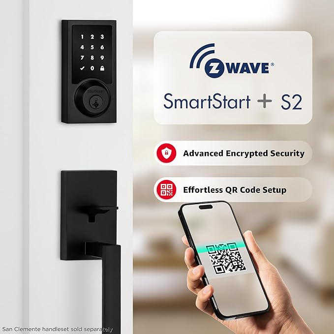 Kwikset HomeConnect 918 Contemporary Z-Wave Long Range Enabled Touch Screen Lock Works with Ring Alarm, Samsung SmartThings Hub Required, Sold Separately in Matte Black
