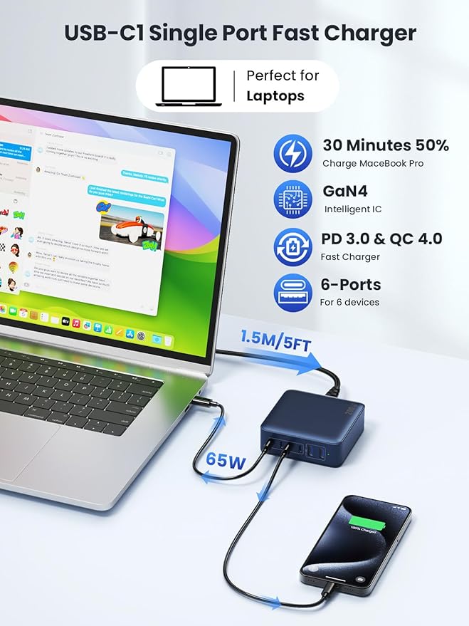 200W USB C Charger Block,Upgraded GaN IV 6-Ports USB C Charger,Fast Charging Station Hub,PD 65W Laptop Charging Compatible with DELL HP MacBook Pro/Air/iPad,iPhone 16/15/14,Galaxy S24-Dark Blue