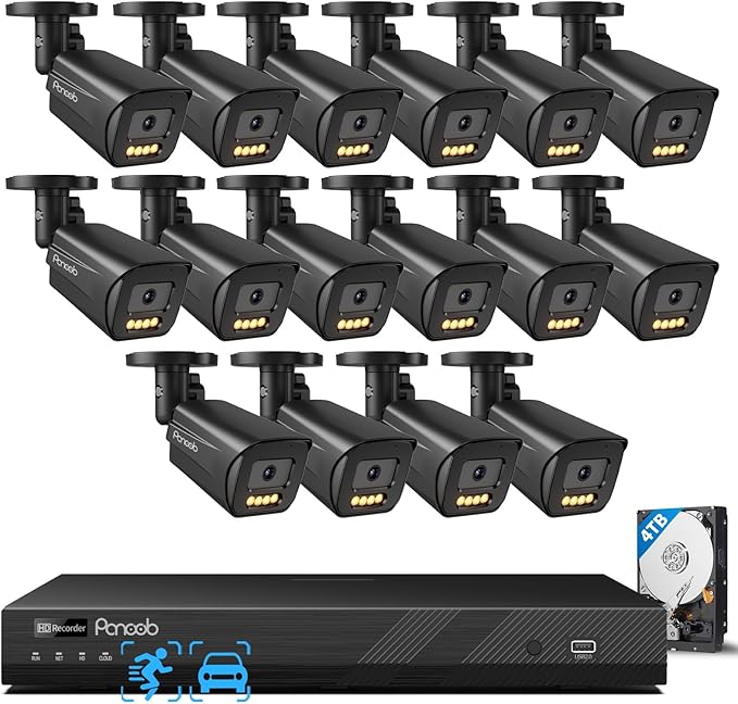 16 Channel Security Camera System 4K PoE, 16x 8MP IP Bullet Cameras Outdoor, 16CH NVR & 4TB HDD, Smart Color Night Vision, 2 Way Audio, AI Human Vehicle Detection, Remote Access, PB65B1616-8MD