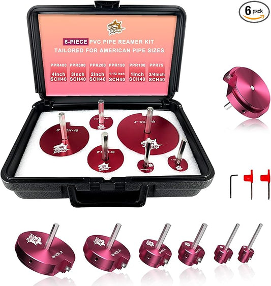 6 Pcs PVC Pipe Reamer Kit, PVC Fitting Saver Plastic Pipe Fitting Reamer Socket Saver Plumbing Tool Includes 3/4'', 1'', 1 1/2'', 2'', 3'', 4'' for Schedule 40 Fits Standard 1/2" Drill