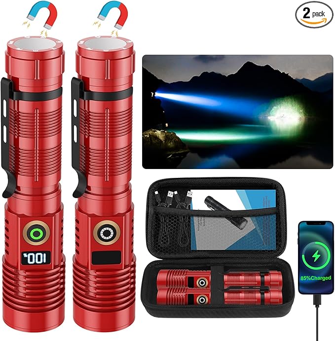 Rechargeable Flashlight High Lumens- Super Bright Magnetic Flash Light with Power Digital Display,Long Range,Dimmable,Waterproof,Pocket LED Flashlights for Emergency Camping 2PC Red