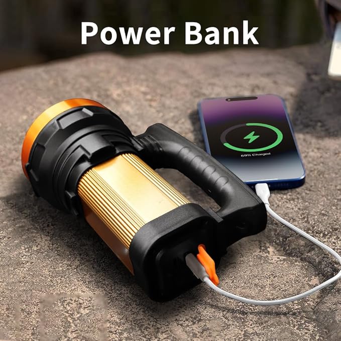 Super Bright Flashlight 1400LM 6800mAh Handheld Spotlight,50H Long Lasting Rechargeable Spotlight IP67 Waterproof Bright Flashlight Lightweight for Camping Hiking Boating(Aluminium head ring)