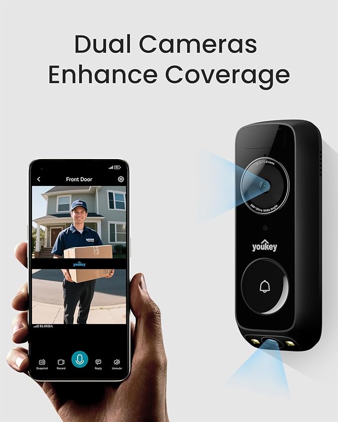 youkey Wireless Doorbell Camera with Chime, No Monthly Fee, 2K Video Doorbell with Dual Cam, AI + Radar + PIR Detection, 2.4/5GHz WiFi-6, Two-way Talk, Color Night Vision, Battery/Wired Powered, DB312