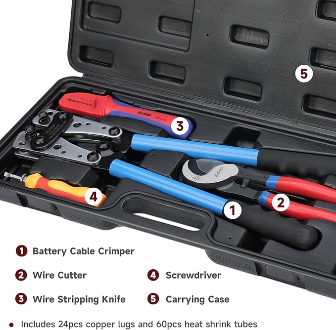 iCrimp Battery Cable Lug Crimping Tool Kit For Copper Lugs Awg 8-1/0,Battery Cable Crimper with Stripper 24pcs Copper Battery Lugs and 10pcs Heat Shrink Tubes, Include Wire Cutter