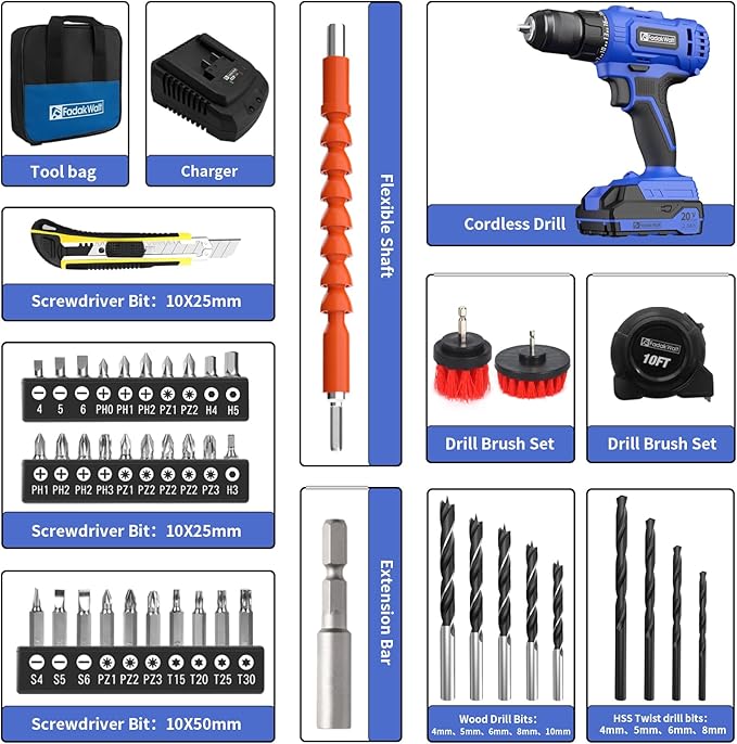 20V Cordless Drill/Driver Set,Electric Power Drill Kit with Battery& Charger, 1/2inch Keyless Chuck,2 Variable Speed,25+1 Torque Setting, 400 inch-lbs with LED Power Drill Kit