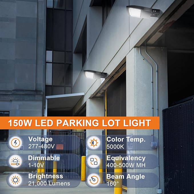 480V 150W LED Parking Lot Lights, 21000LM LED Shoebox Street Light Flood Light (500W MH/HPS Equiv.), 5000K Dimmable Commercial Area Lighting with 20KV Surge Protection, IP65 277-480V UL&DLC Listed