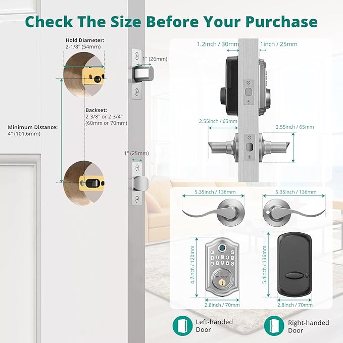 DS10 Keyless Entry Door Lock with 2 Lever Handle, Fingerprint, Keypad Code, 2 Keys, Smart Locks for Front Door, Bedroom, One-time Code, Auto-Lock, Easy Installation