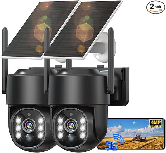 Solar Security Cameras Wireless Outdoor, 2K PTZ WiFi 4MP Indoor Security Camera for Home with Spotlight, PIR Motion Detection,Siren, Color Night Vision, 2-Way Talk, SD/Cloud Storage (TWO CAM)