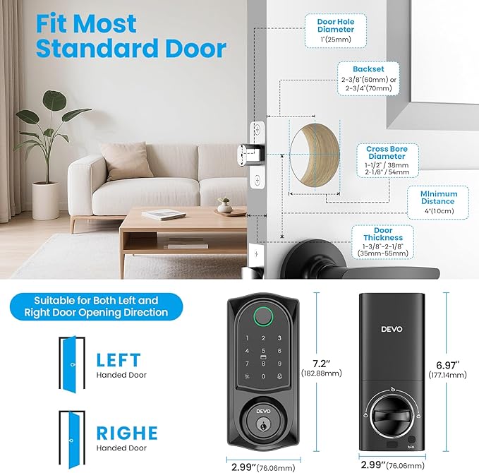 DEVO G10 WiFi Smart Deadbolt Lock, 6-in-1 Keyless Entry with Fingerprint, APP Remote Control, Digital Keypad, Front Door Lock，Auto-Locks,Easy Install，IP54 Waterproof