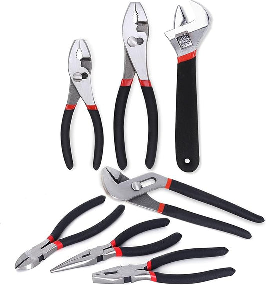 FASTPRO 7-Piece Utility Pliers and Wrench Set, Includes 8" Adjustable Wrench, 8" Groove Joint, 8" & 6" Slip Joint, 6" Long Nose, 6" Diagonal and 6" Linesman Pliers, Dipped Handle