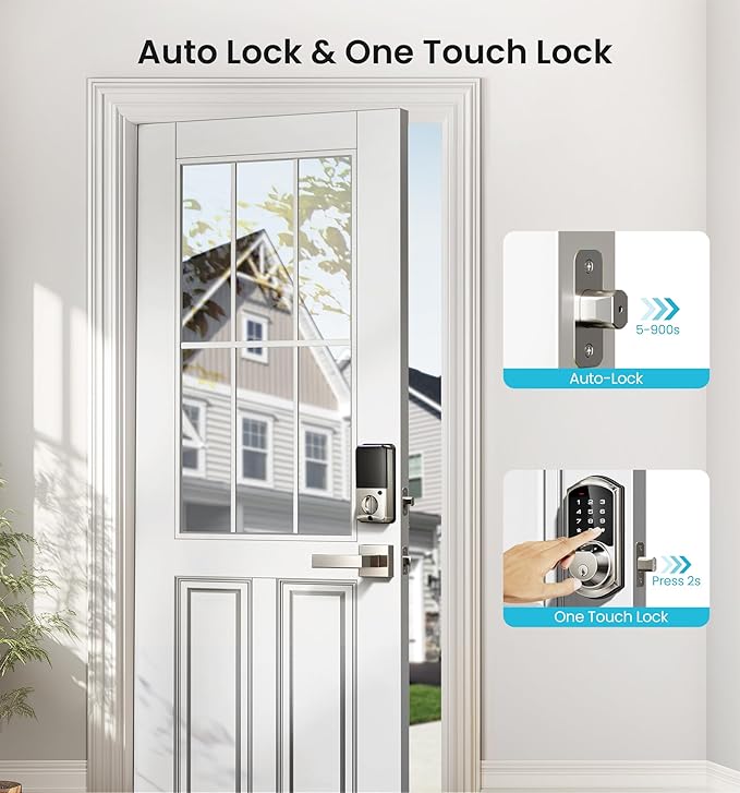 Veise VE07-L Fingerprint Smart Locks for Front Door with 2 Lever Handle Set, App Control, Keyless Entry, Electronic Digital Keypad Deadbolt, Auto Lock, Waterproof, Easy to Install, Satin Nickel