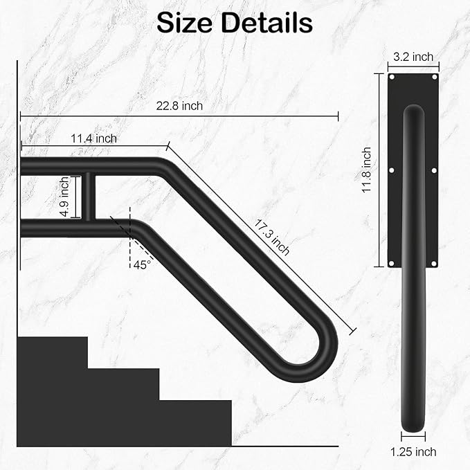 Handrails for Outdoor Steps, Stair Railing Indoor1-3 Step, U-Shaped Stairs Wall Mounted Metal Handrail for Garage, Porch, Yard and Garden - Black
