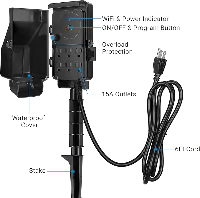DEWENWILS WiFi Smart Yard Stake Plug with 6 Outlets, Voice Control, Waterproof Power Stake Timer with 6Ft Cord, Alexa&Google Assistant Compatible, 1875W/15A, for Halloween/Christmas Decoration Lights