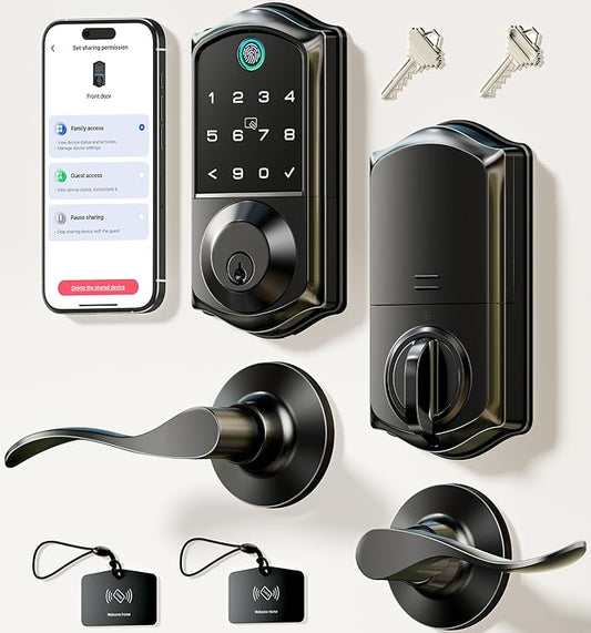 Veise VE017-L Fingerprint Smart Lock with 2 Lever Handles, Keyless Entry Front Door Lock Set, App Control, Electronic Digital Keypad Deadbolt, Easy Installation, Emergency Power Port, Matte Black