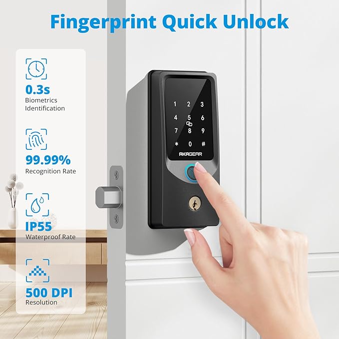 T02 Smart Lock, Keyless Entry Door Lock, Smart Lock for Front Door, Built-in Wi-Fi, App Control, Auto Locking, Fingerprint, Key, Fob Card, PIN Code Unlock, 8xAA Batteries, IP55 Waterproof