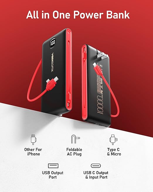VEEKTOMX Portable Charger with Built in Cables 10000mAh, Power Bank for iPhone with AC Wall Plug, Fast Charging USB C Slim Battery Pack with LED Display Compatible with iPhone16/15/14/13, Samsung