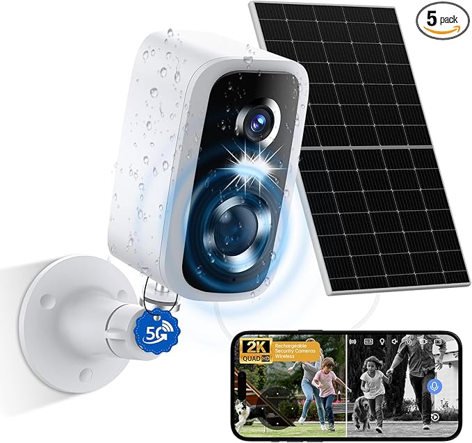 Solar Security Cameras Wireless Outdoor - HD 2K Battery Powered Cameras for Home Security Outside, 5G & 2.4G WiFi Surveillance Indoor AI Motion Detection,Color Night Vision,2-Way Talk,Waterproof