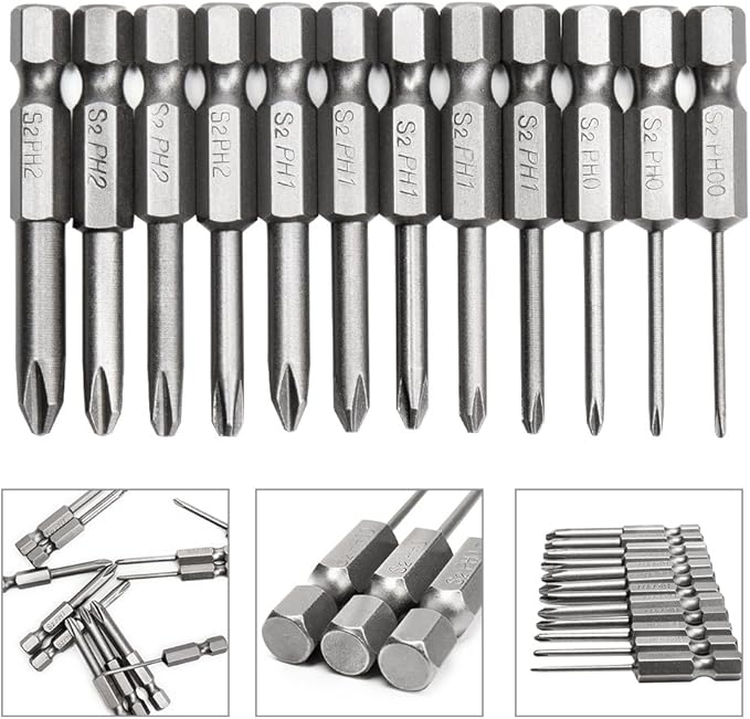 Rocaris 12Pcs Hex Shank Magnetic Phillips Cross Screwdriver Bits 50mm 1/4 Inch