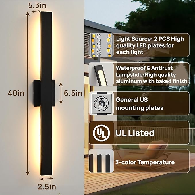 Upgraded 40.1in Black Long Modern LED Outdoor Wall Lights 3000K 4000K 5000K Dimmable Exterior Wall Sconce Outside Light fixtures for House Garage Front Door