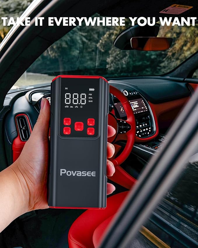 Tire Inflator Portable Air Compressor Povasee 150PSI Portable Air Pump for Tires Cordless Car Tire Inflator with LCD Display,Flashlight, 2X Tire Pump Faster suit for Cars Bikes Motorcycle Ball