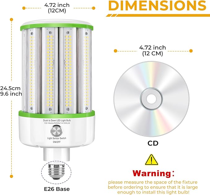 2 Pack Dusk to Dawn LED Corn Light Bulbs 100W(Equivalent 1000W), E26/E39 Base, 14,000LM 5000K Daylight, Auto On/Off Photocell Sensor, Outdoor LED Light Bulbs for Porch Garage Yard Security