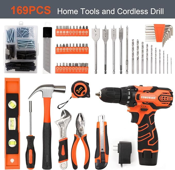 COMOWARE Home Tool Kit with 12V Cordless Power Drill, 169PCS Household Tool Set, Orange Storage Bag for DIY Home Repair & Maintenance