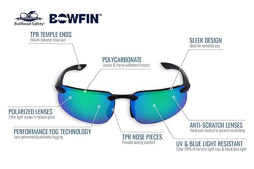 Bullhead Safety Bowfin Polarized Safety Glasses with Performance Fog Technology, Blue Light Glasses with UV Light Protection and Anti-Scratch Coating, Green Mirror Lenses, Shiny Black Frame