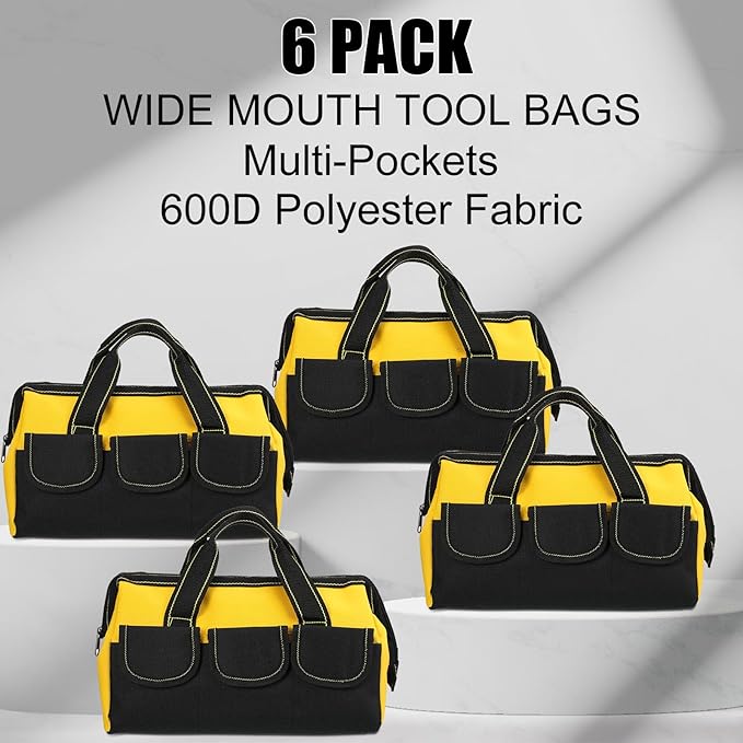 Silkfly 6 Pcs Tool Bag for Men Women Heavy Duty Tool Tote with Waterproof Hard Bottom Multi Pockets Large Mouth Organizer for Various Worker Electrician Carpenter Mechanic(Yellow,13 Inch)