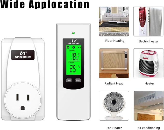 Nashone Wireless Plug in Thermostat, Digital Thermostat Outlet LCD Display Temperature Controller with Heating and Cooling Mode for Portable Heater, Wall Panel Heater, Window AC, and More