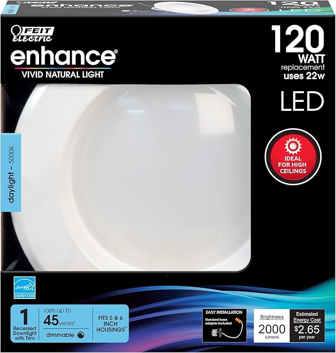 Feit Electric 5 Inch or 6 Inch LED Recessed Lighting Retrofit Downlights, 120 Watt Equivalent High Output, 2000 Lumen 5000K Daylight, Dimmable, 6 Pack LEDR56XHO/950CA/6