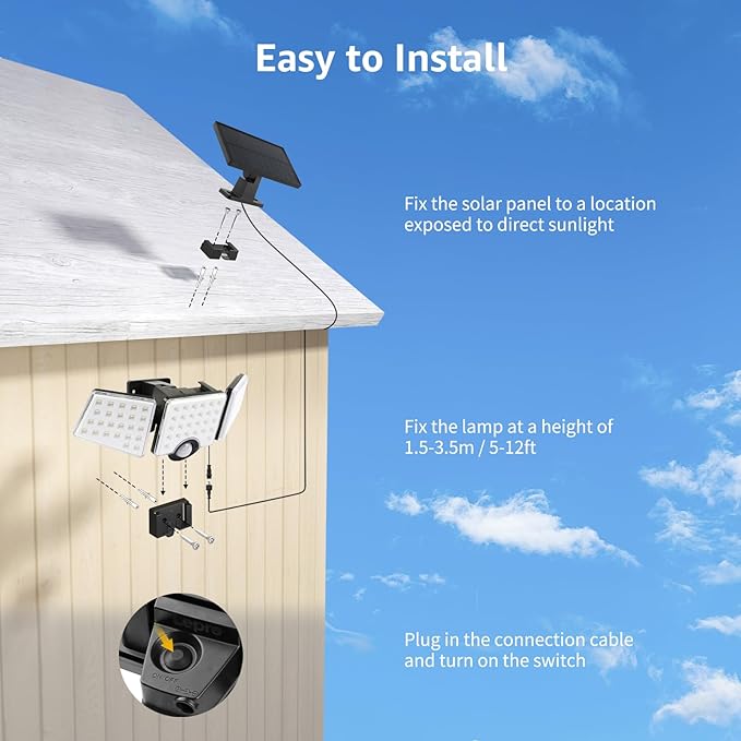 Solar Lights for Outside, WL5000 Motion Activated Security Lights, Separate Solar Panel, 3 Adjustable Head 270° Wide Lighting Angle, IP65 Waterproof Wall Lamp for Porch Yard Garage, 2 Packs