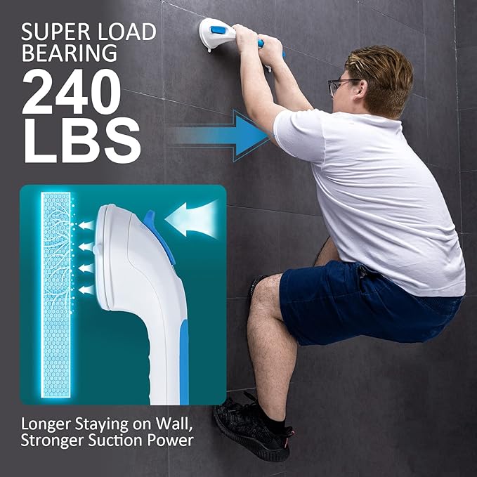 TAILI Shower Grab Bar Glow in The Dark, 2 Pack 12.2 in Grab Bars for Bathtubs and Showers,Shower Handles Shower Rails for Seniors and Elderly,Bathroom Safety Grip Removable No Drilling Waterproof Blue