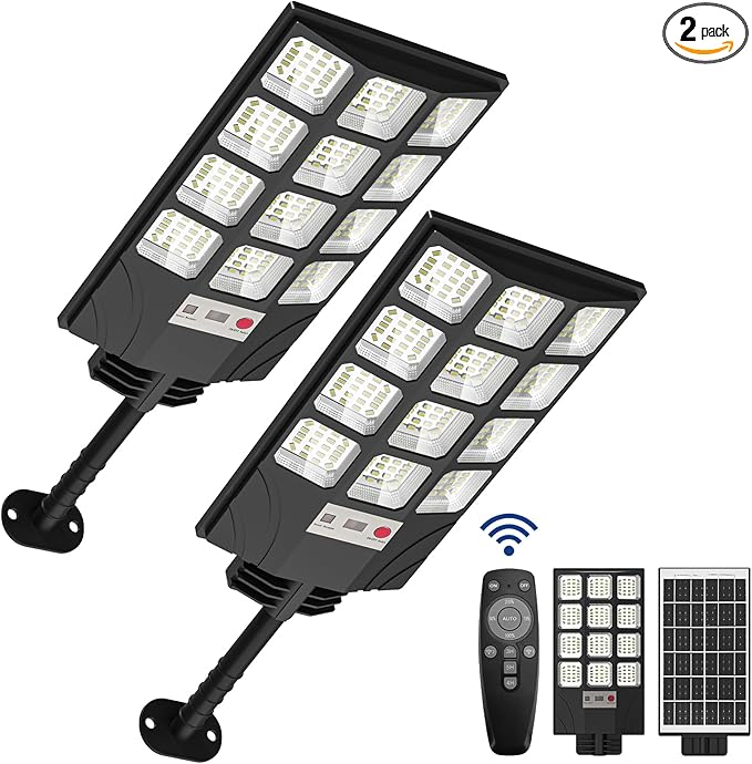 Solar Street Lights Outdoor, 10000K Super Bright LED, Waterproof IP65, Motion Sensor, Dusk to Dawn, Easy Install for Yard, Parking Lot, Commercial Area, Security Light for Outside, 2 Pack