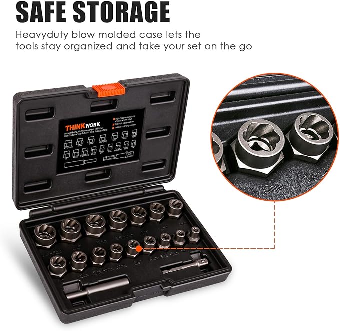 THINKWORK Bolt Extractor Kit, 18-Piece Nut Extractor Socket Set, 3/8" Drive Rounded Bolt Remover, Lug Nut Removal Tool for Damaged, Rusted, Rounded-Off, Stripped Fasteners