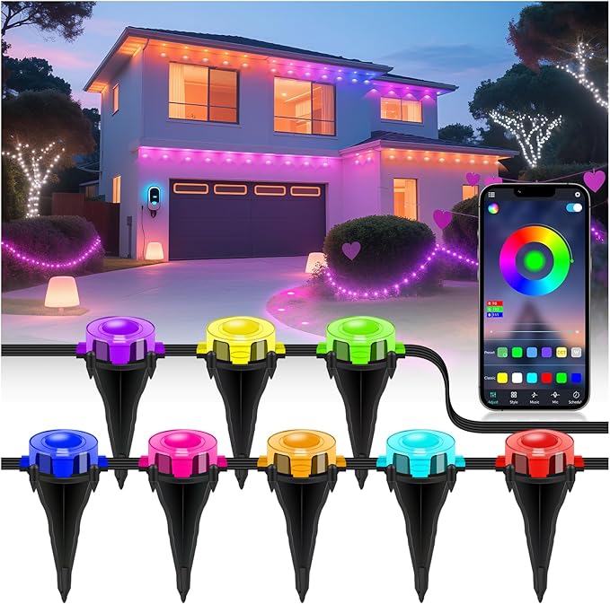 Outdoor Ground Lights and String Lights for Outside, 24V Garden Decorative Lights with Bluetooth Music & Dual Control, Waterproof IP67 RGBCCT Landscape Lighting for Patio Yard (150FT)