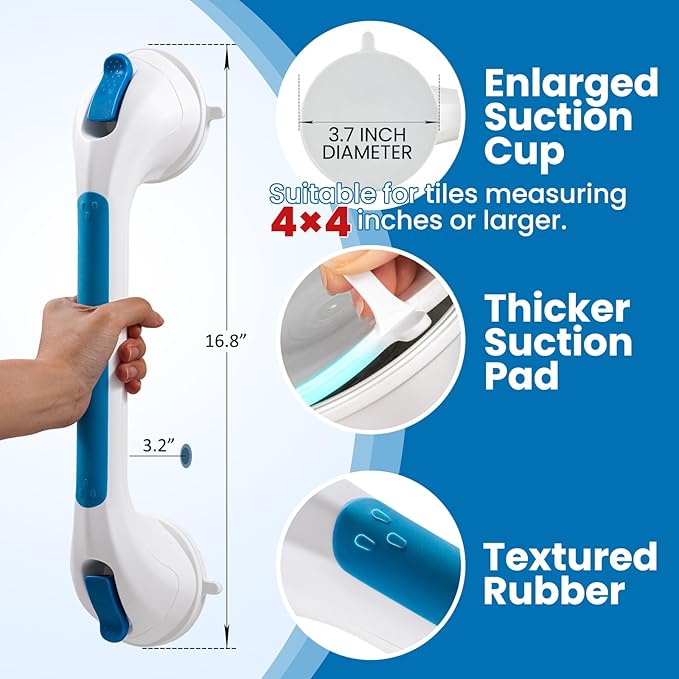 LEVERLOC Grab Bar for Seniors, 17 Inch 2 Pack Suction Grab Bars for Bathtubs and Showers, Shower Handles for Elderly Suction Bathroom Safety Grip,Removable Drill Free Waterproof, Blue