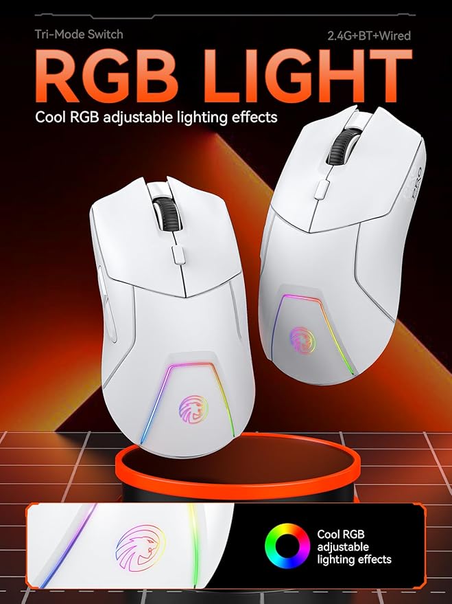 White Wireless Gaming Mouse, Tri Mode (2.4G/Bluetooth/Wired), PAW3311 Sensor, 12,000 DPI, 1,000Hz, 6 Programmable Buttons, USB C Rechargeable, Ergonomic Gamers Optical Mice for PC/Laptop/Mac