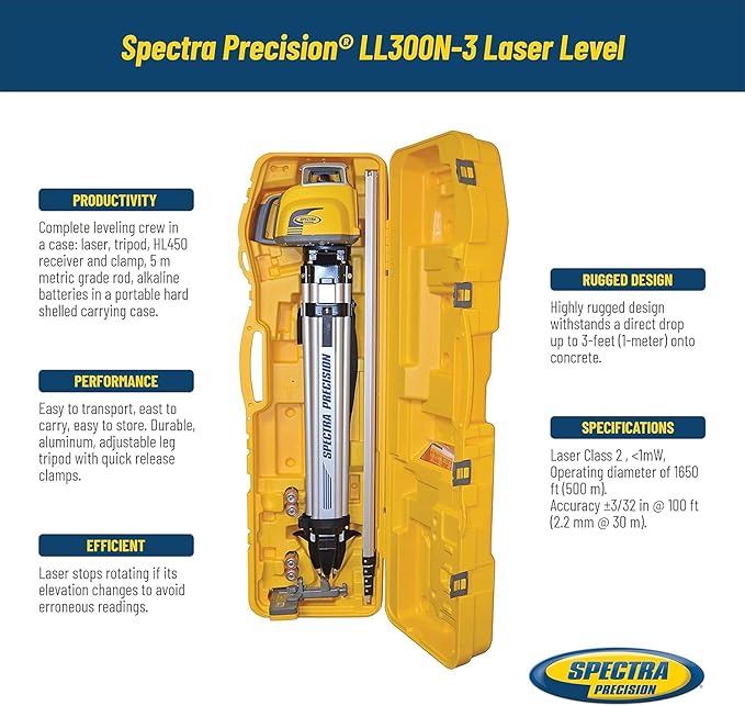 Spectra Precision LL300N-3 Laser Level, Self Leveling Kit with HL450 Receiver, Clamp, 4.7 Meter Grade Rod / Metric and Tripod , Black