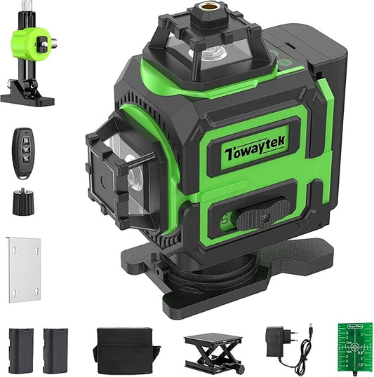 4D Green Laser Level 4 * 360 self-leveling with high brightness cross line three levels adjustable light with 2 * 2400mAh Rechargeable Battery & Hard Carry Case& adjustable metal base mount