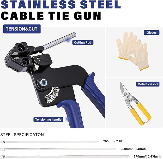 Stainless Steel Cable Tie Gun Kit with 150PCS Metal Zip Ties (Heavy Duty Outdoor) – Heavy Steel Cable Tie Tool, Industrial Scissors & Gloves – Chain Link Fence Parts, Durable Stainless Zip Ties
