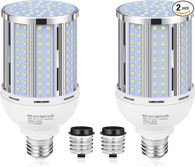 80W LED Corn Light Bulb(2 Pack),(800 Watt Equivalent) Fanless E26/E39 Medium/Large Mogul Base LED Cob Lamp 5000K Daylight 11,600LM for Outdoor Indoor Garage Warehouse Factory Workshop Street Backyard
