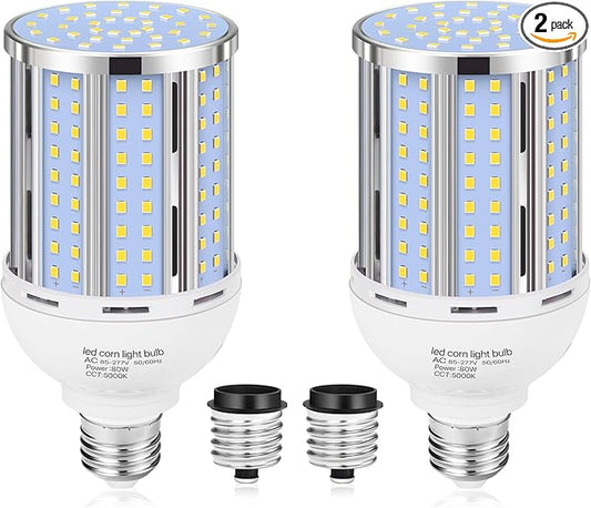 80W LED Corn Light Bulb(2 Pack),(800 Watt Equivalent) Fanless E26/E39 Medium/Large Mogul Base LED Cob Lamp 5000K Daylight 11,600LM for Outdoor Indoor Garage Warehouse Factory Workshop Street Backyard
