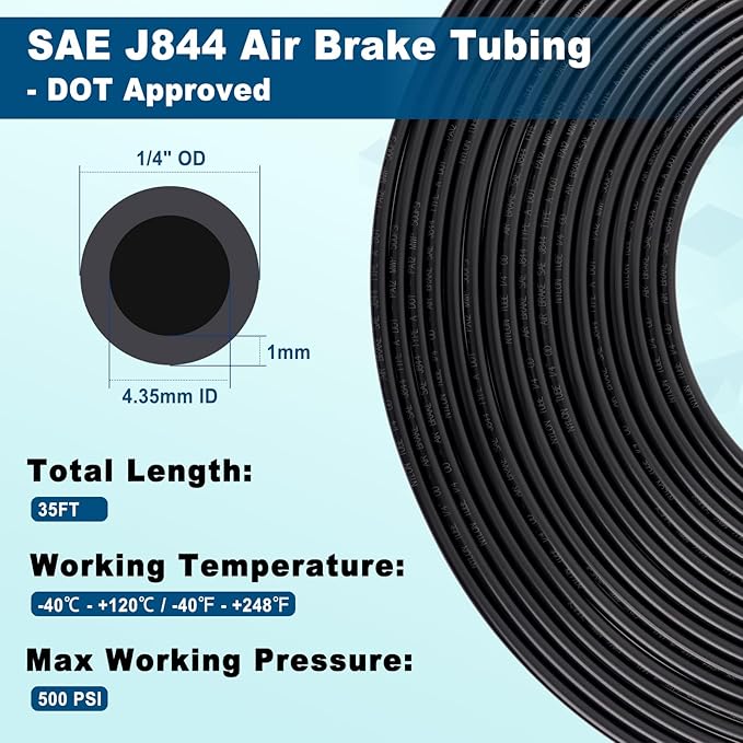 35FT 1/4 DOT Air Line SAE J844 PA12 Nylon Air Hose with Cutter 1/4” OD Pneumatic Tubing DOT Approved 1/4 Air Brake Hose for Air Suspension Kit Truck Trailer Brake System & Fluid Transfer 11m
