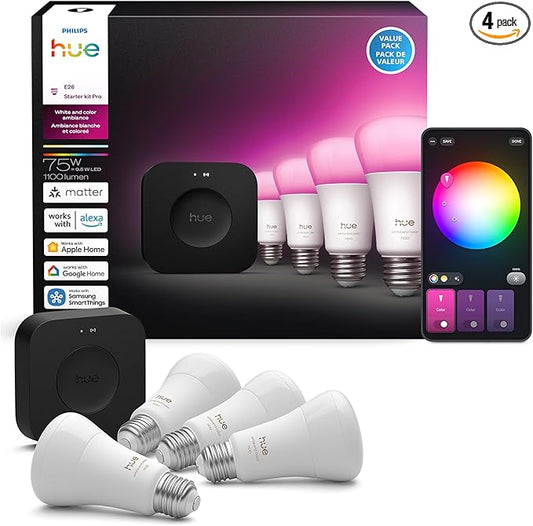 Philips Hue Starter Kit: Bridge Pro + 4 A19 E26 Smart Bulbs, White & Color Ambiance, Dimmable, Smart Light Hub, Works with Apple Home, Alexa, Google, Samsung SmartThings